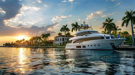 White yacht beside a palm-lined waterfront at sunset