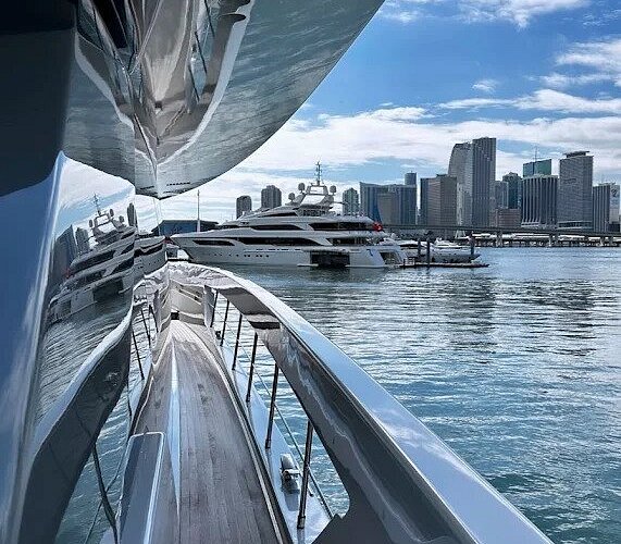 Polished yacht surfaces and stainless railings overlooking Miami waters